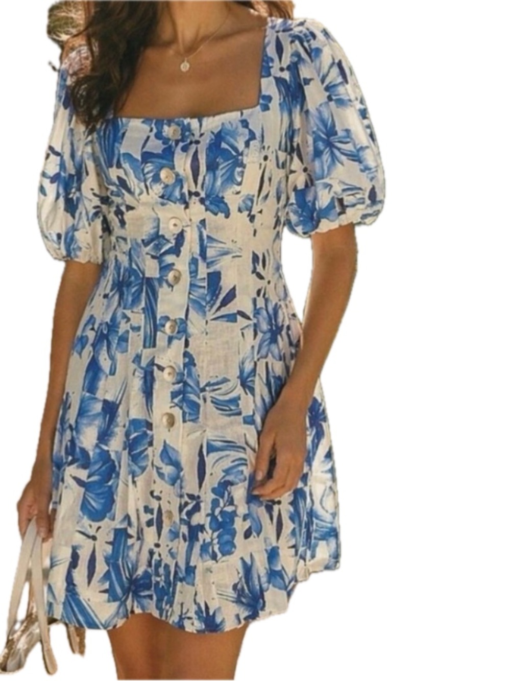 HOUSE OF HARLOW 1960 Linen Blend Mini Dress Blue White Floral Print Puff Sleeve